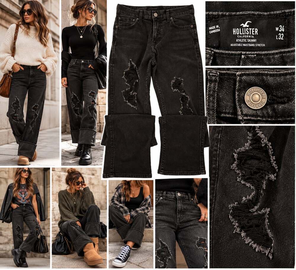 Hollister Athletic Skinny Jeans W34 L32 Black Distressed Denim